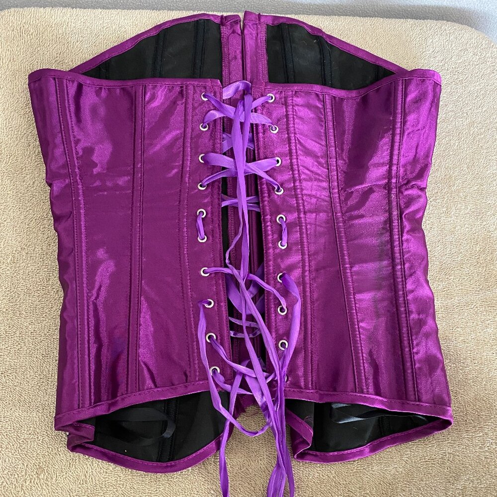 Purple Satin Steel Boned Corset Top Lace Up Back Waist Cincher Bustier Size S